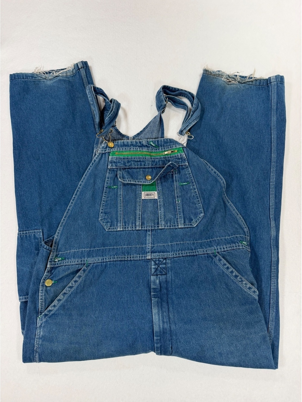 Liberty Men's 38x30 Blue Denim Bib Overalls with Green Stitching and Zippered Pk